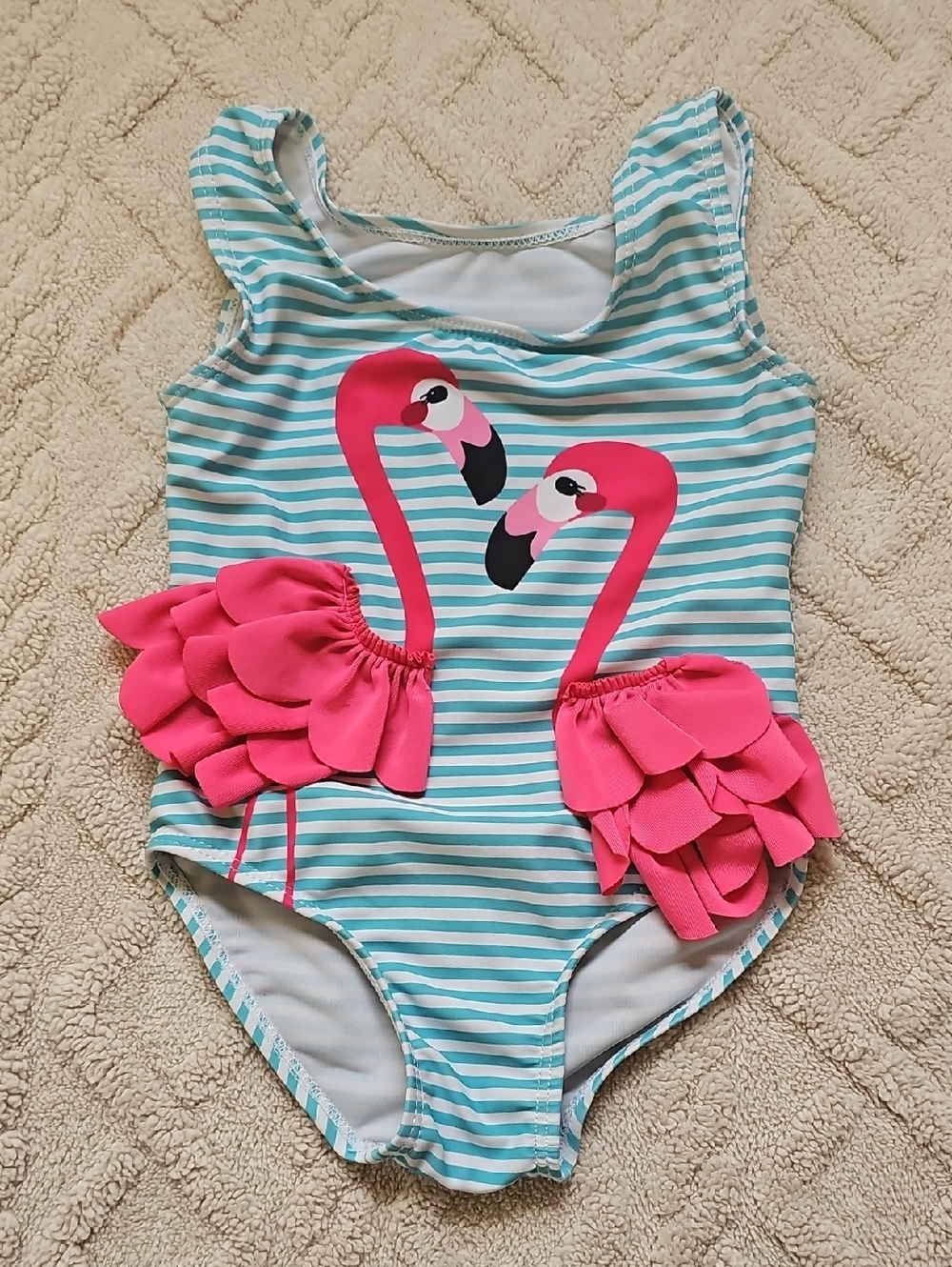 Girls Turquoise Stripe Flamingo One-Piece Swimsuit - Pink Accent